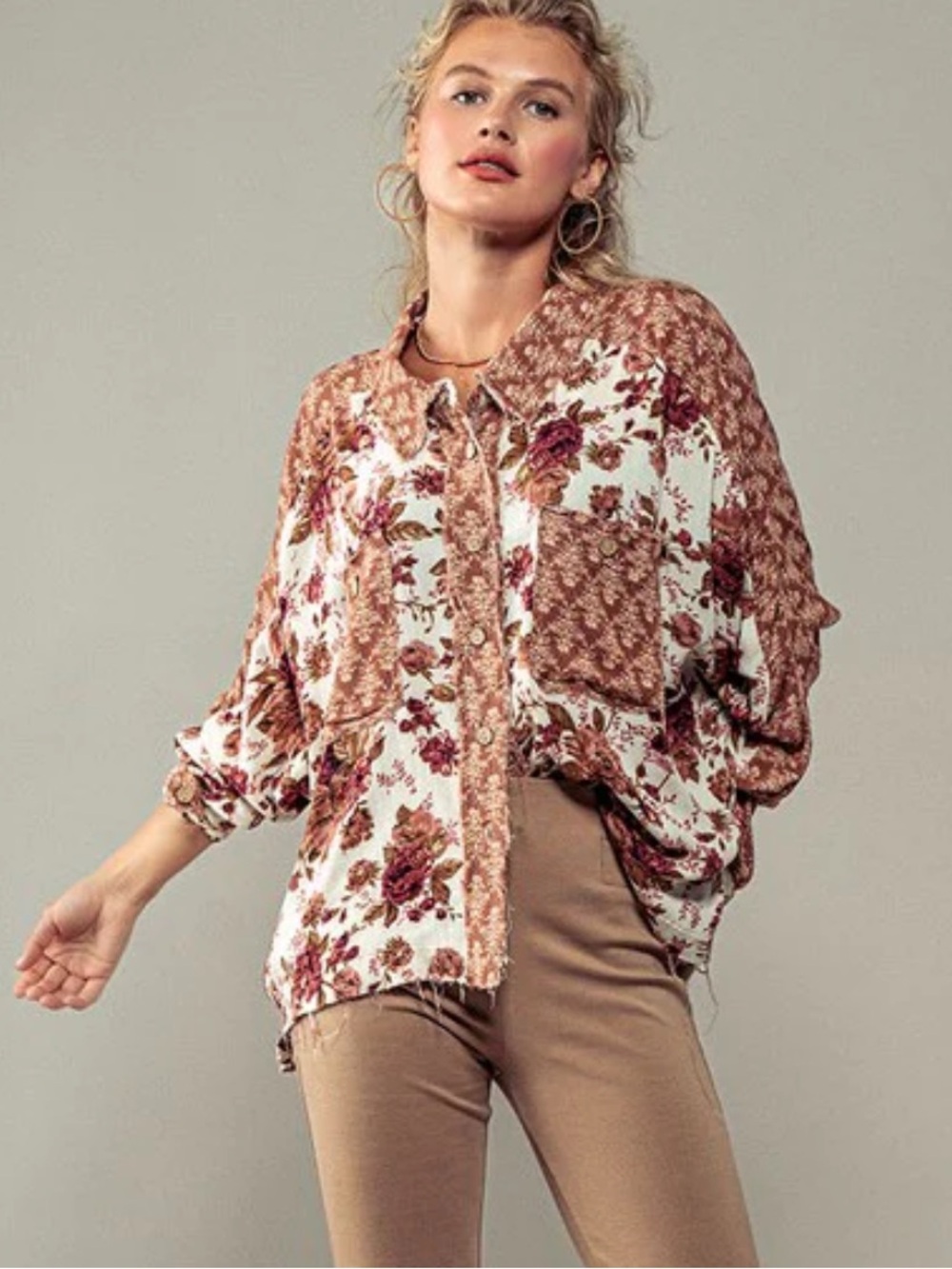 Oli & Hali Boho Rust Floral Button Front Long Sleeve Top